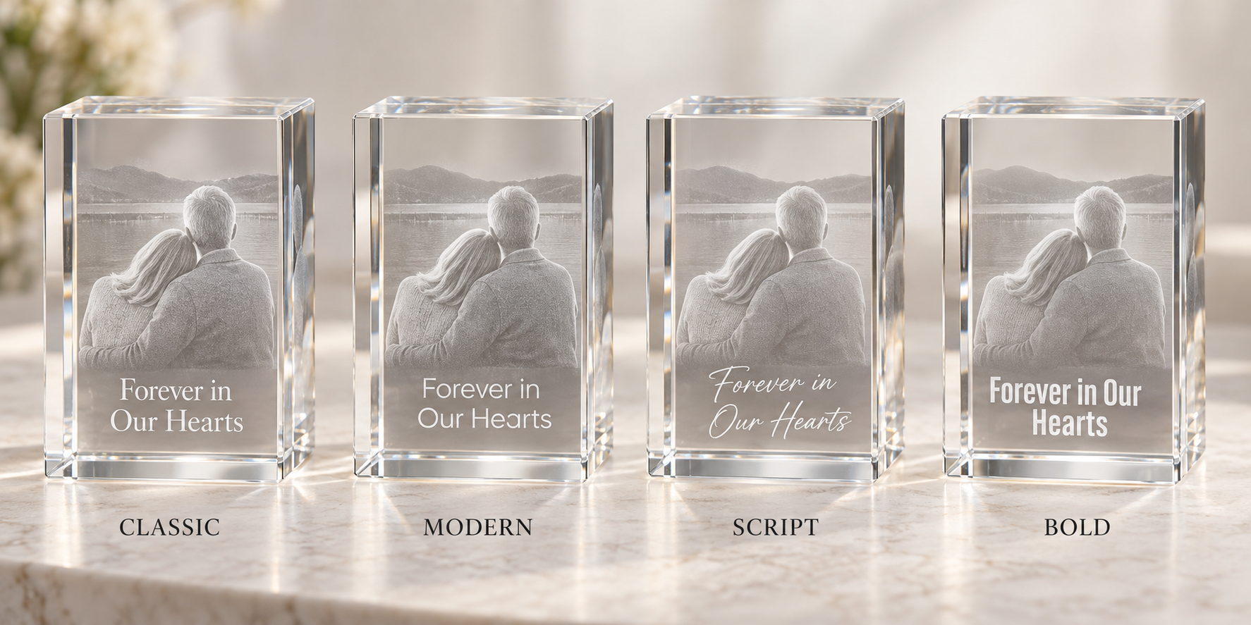 Four engraved crystal font choices shown side by side: Classic, Modern, Script and Bold