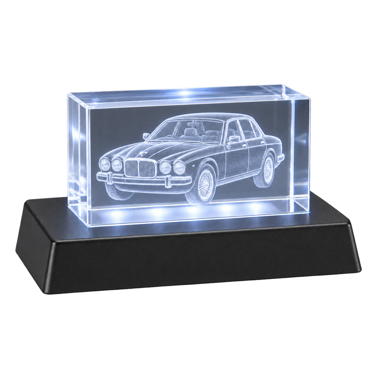 Illustration of a landscape 3D engraved car K9 crystal on a wide rectangular LED display base